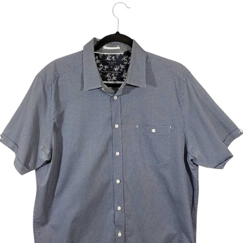 Ted Baker Shirt Mens 6 XL Short Sleeve Blue Geometric‎ Slim Office Pocket Cotton